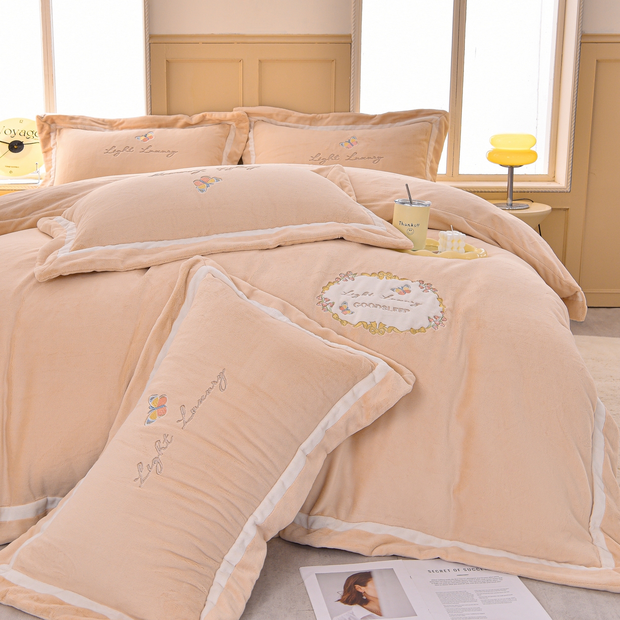 91家纺网 家纺一手货源 找家纺 柔享家（原芷澜家纺） 2025新款A类高克重全消光牛奶绒刺绣四件套系列-蝶恋花 蝶恋花-卡其