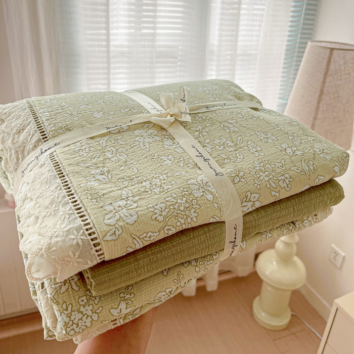 梦纤绒 2025新款云感木棉皱皱双层纱全棉花边四件套 春晓