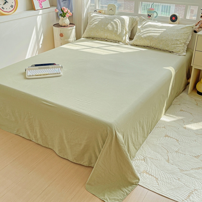 91家纺网 家纺一手货源 找家纺 梦纤绒 2025新款云感木棉皱皱双层纱全棉花边四件套 春晓