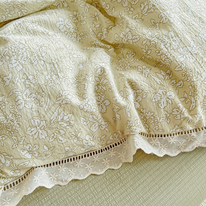 91家纺网 家纺一手货源 找家纺 梦纤绒 2025新款云感木棉皱皱双层纱全棉花边四件套 春晓