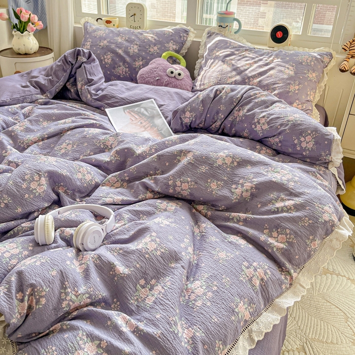 91家纺网 家纺一手货源 找家纺 梦纤绒 2025新款云感木棉皱皱双层纱全棉花边四件套 豆蔻