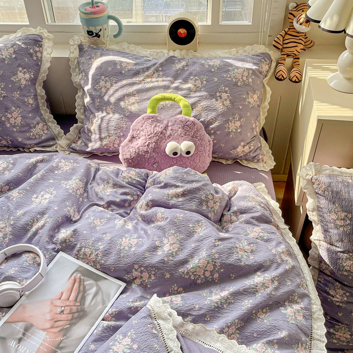 91家纺网 家纺一手货源 找家纺 梦纤绒 2025新款云感木棉皱皱双层纱全棉花边四件套 豆蔻