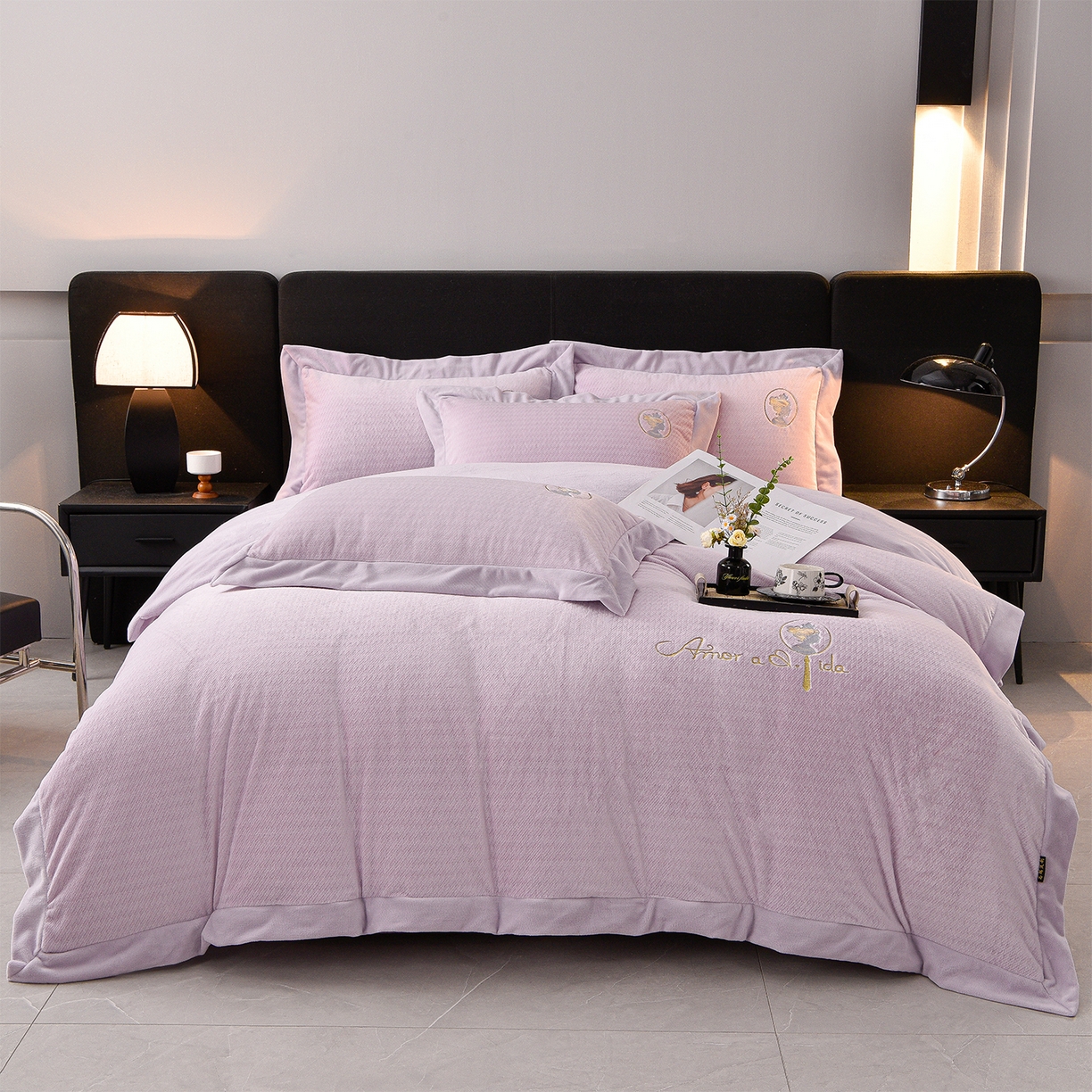 柔享家（原芷澜家纺） 2025新款A类高克重全消光水貂绒刺绣四件套系列-居里夫人 居里夫人-香芋紫