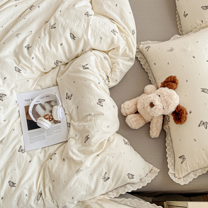 91家纺网 家纺一手货源 找家纺 梦纤绒 2025新款云感木棉皱皱双层纱全棉花边四件套 蝴蝶梦