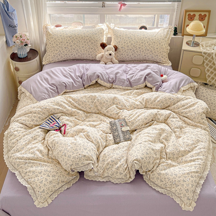 91家纺网 家纺一手货源 找家纺 梦纤绒 2025新款云感木棉皱皱双层纱全棉花边四件套 花园兔