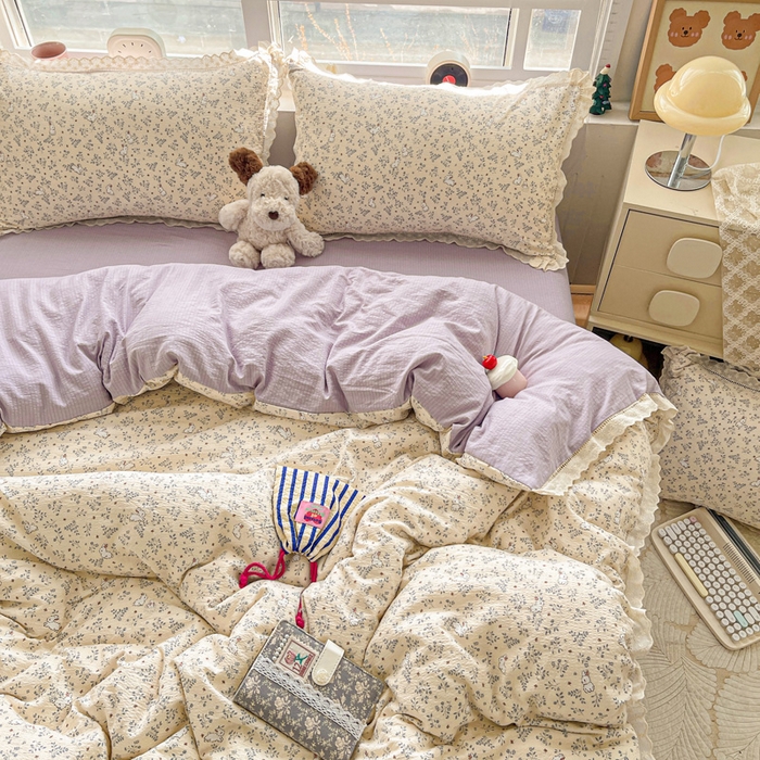 91家纺网 家纺一手货源 找家纺 梦纤绒 2025新款云感木棉皱皱双层纱全棉花边四件套 花园兔