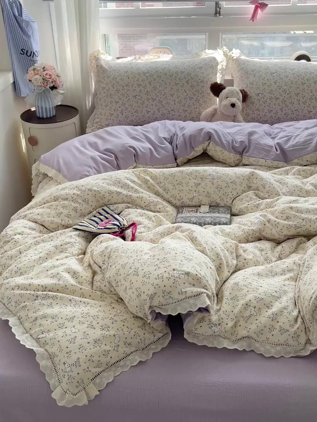 91家纺网 家纺一手货源 找家纺 梦纤绒 2025新款云感木棉皱皱双层纱全棉花边四件套 花园兔