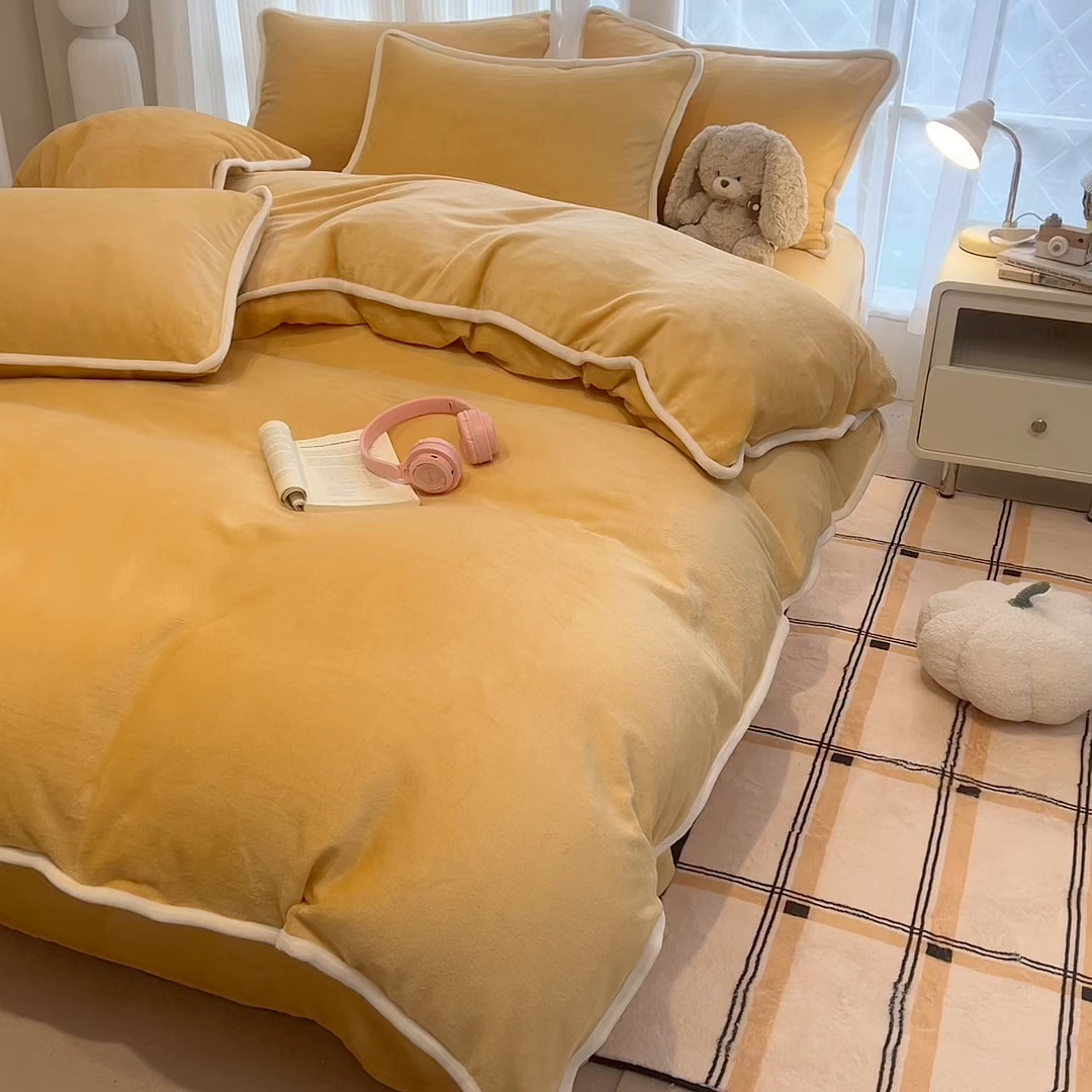 91家纺网 家纺一手货源 找家纺 N先生_2025新款牛奶绒纯色包边四件套 落日橘