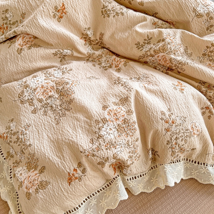 91家纺网 家纺一手货源 找家纺 梦纤绒 2025新款云感木棉皱皱双层纱全棉花边四件套 可颂