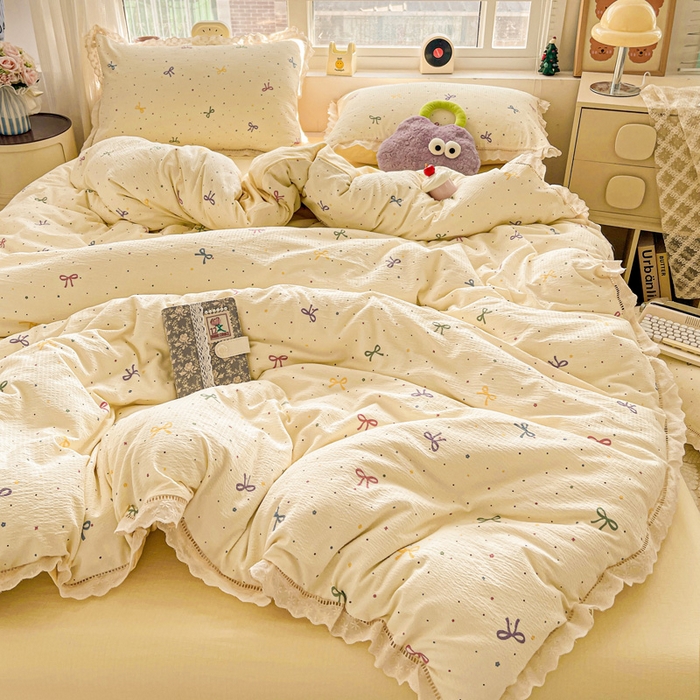 91家纺网 家纺一手货源 找家纺 梦纤绒 2025新款云感木棉皱皱双层纱全棉花边四件套 蜡笔画