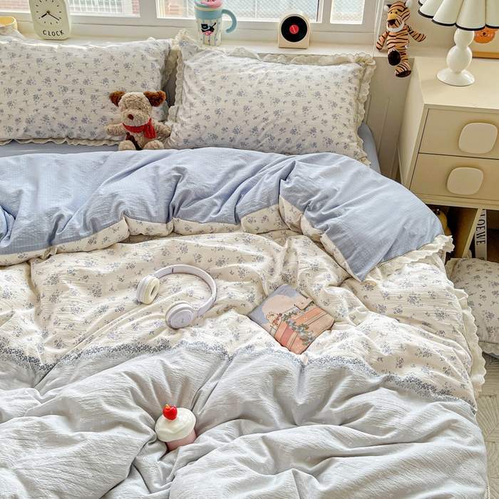 91家纺网 家纺一手货源 找家纺 梦纤绒 2025新款云感木棉皱皱双层纱全棉花边四件套 兰黛