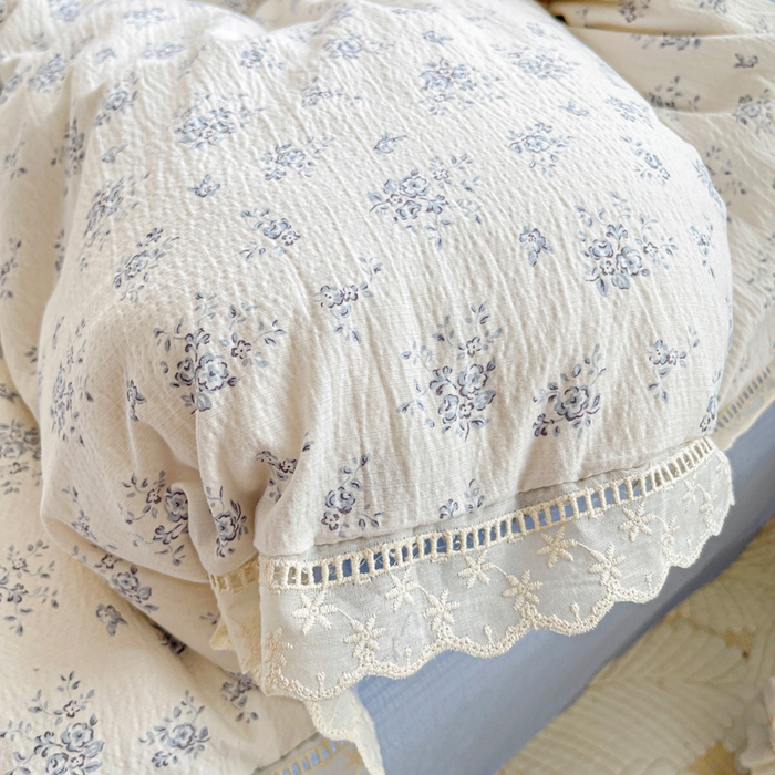 91家纺网 家纺一手货源 找家纺 梦纤绒 2025新款云感木棉皱皱双层纱全棉花边四件套 兰黛