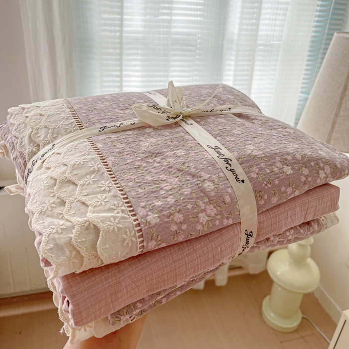 梦纤绒 2025新款云感木棉皱皱双层纱全棉花边四件套 山野栀子