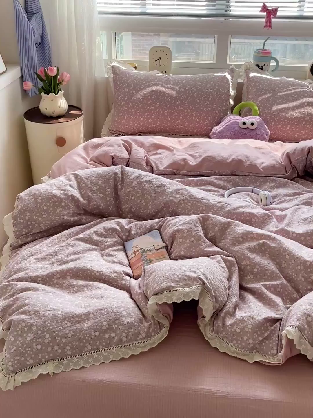 91家纺网 家纺一手货源 找家纺 梦纤绒 2025新款云感木棉皱皱双层纱全棉花边四件套 山野栀子