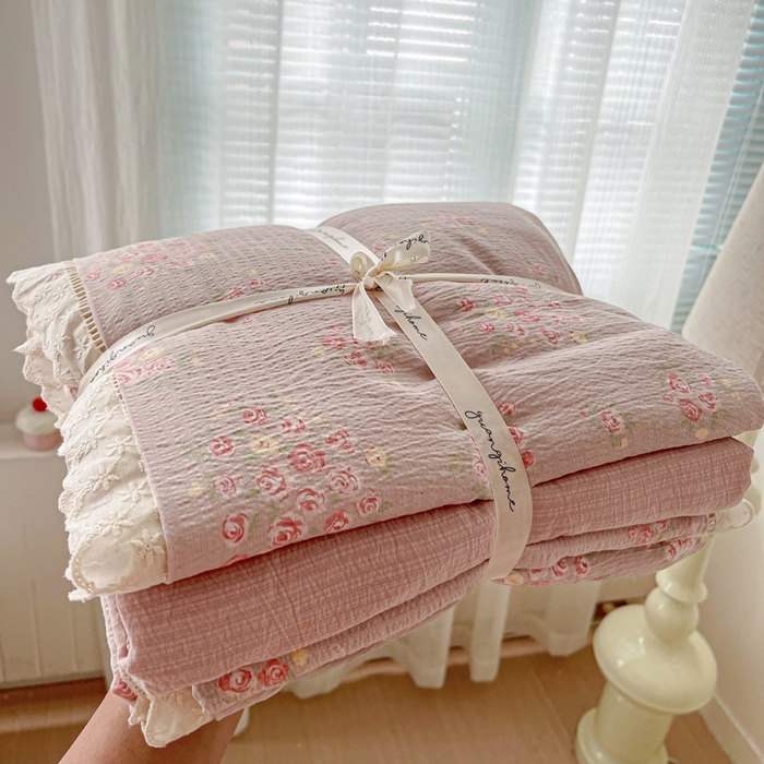 梦纤绒 2025新款云感木棉皱皱双层纱全棉花边四件套 素颜