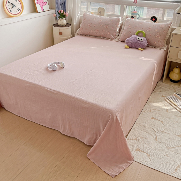 91家纺网 家纺一手货源 找家纺 梦纤绒 2025新款云感木棉皱皱双层纱全棉花边四件套 素颜