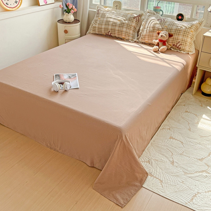 91家纺网 家纺一手货源 找家纺 梦纤绒 2025新款云感木棉皱皱双层纱全棉花边四件套 太妃糖