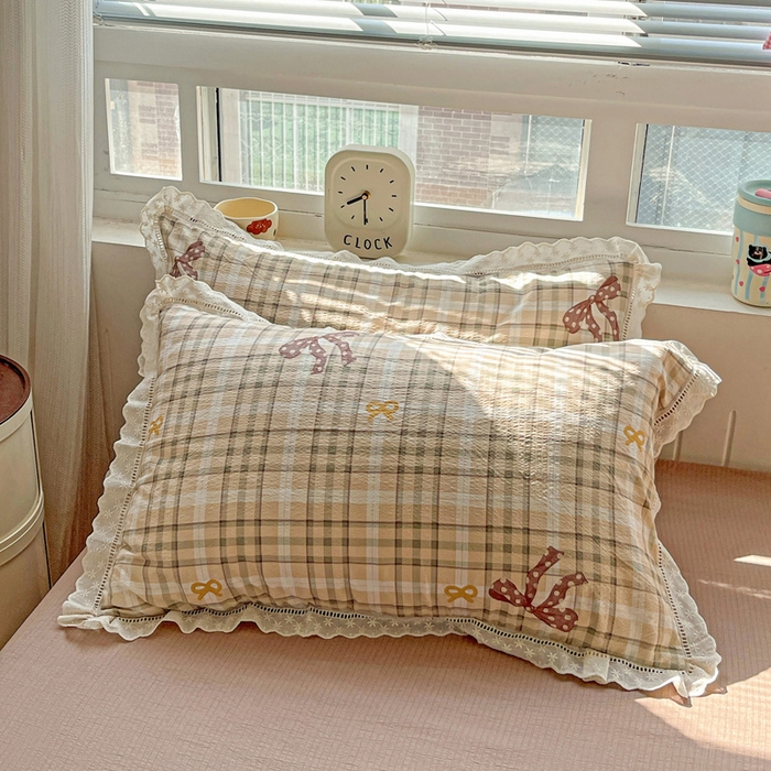 91家纺网 家纺一手货源 找家纺 梦纤绒 2025新款云感木棉皱皱双层纱全棉花边四件套 太妃糖