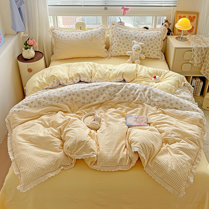 91家纺网 家纺一手货源 找家纺 梦纤绒 2025新款云感木棉皱皱双层纱全棉花边四件套 田园拾趣-黄
