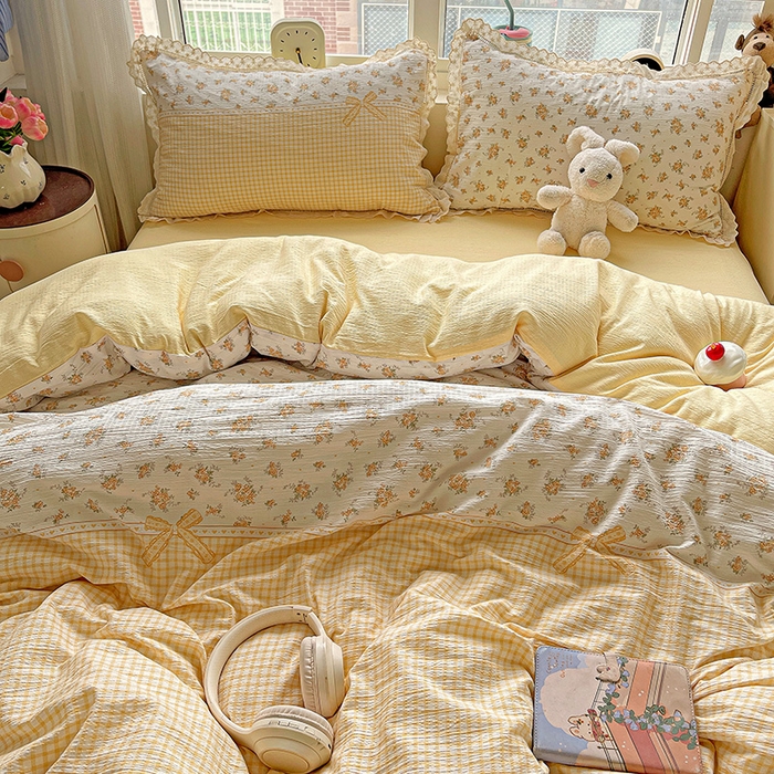 91家纺网 家纺一手货源 找家纺 梦纤绒 2025新款云感木棉皱皱双层纱全棉花边四件套 田园拾趣-黄