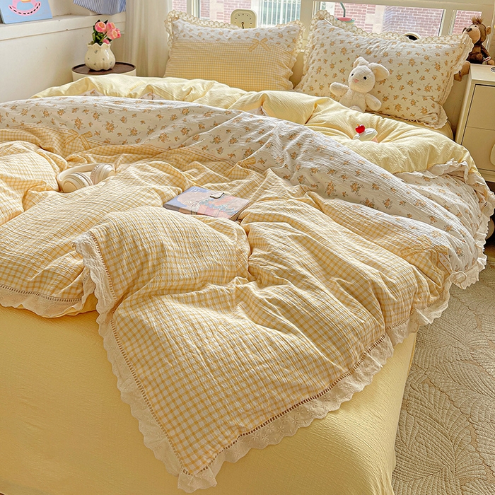 91家纺网 家纺一手货源 找家纺 梦纤绒 2025新款云感木棉皱皱双层纱全棉花边四件套 田园拾趣-黄