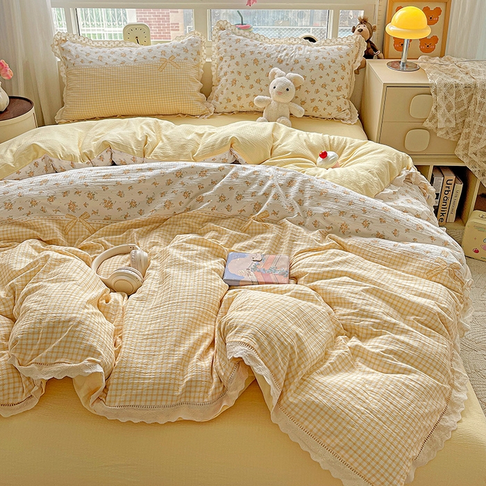 91家纺网 家纺一手货源 找家纺 梦纤绒 2025新款云感木棉皱皱双层纱全棉花边四件套 田园拾趣-黄