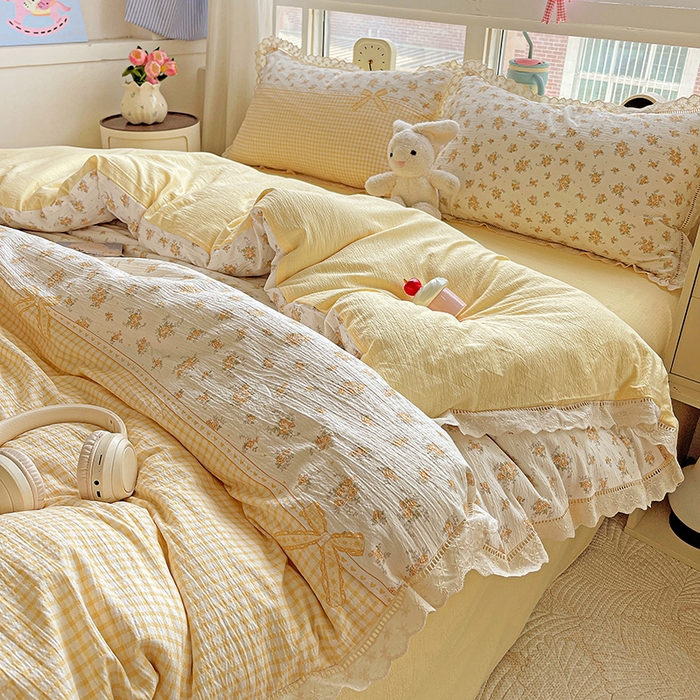 91家纺网 家纺一手货源 找家纺 梦纤绒 2025新款云感木棉皱皱双层纱全棉花边四件套 田园拾趣-黄