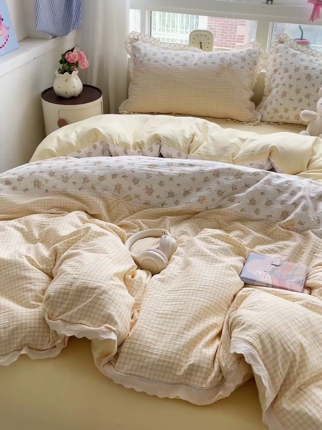 91家纺网 家纺一手货源 找家纺 梦纤绒 2025新款云感木棉皱皱双层纱全棉花边四件套 田园拾趣-黄
