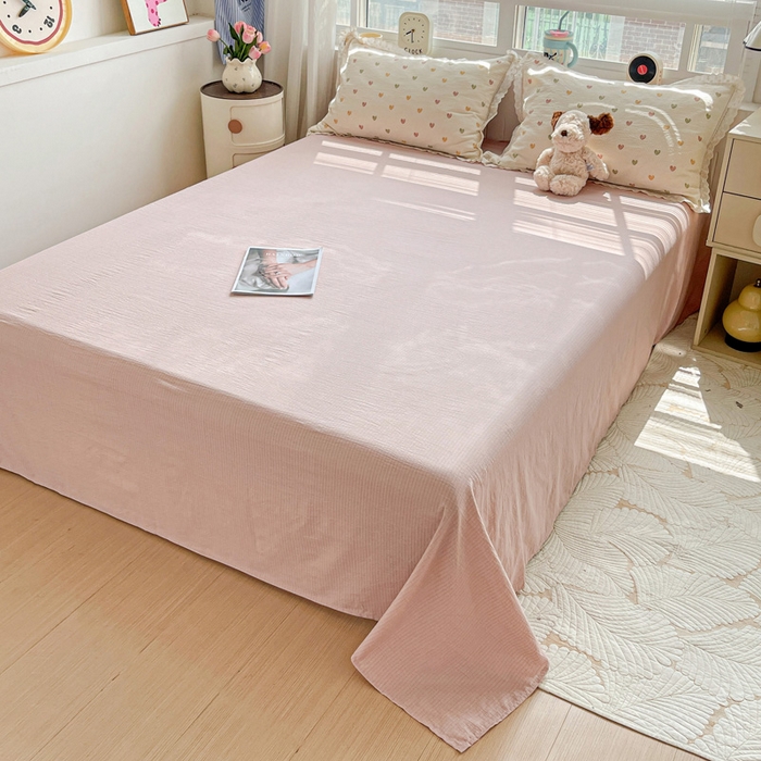 91家纺网 家纺一手货源 找家纺 梦纤绒 2025新款云感木棉皱皱双层纱全棉花边四件套 心动