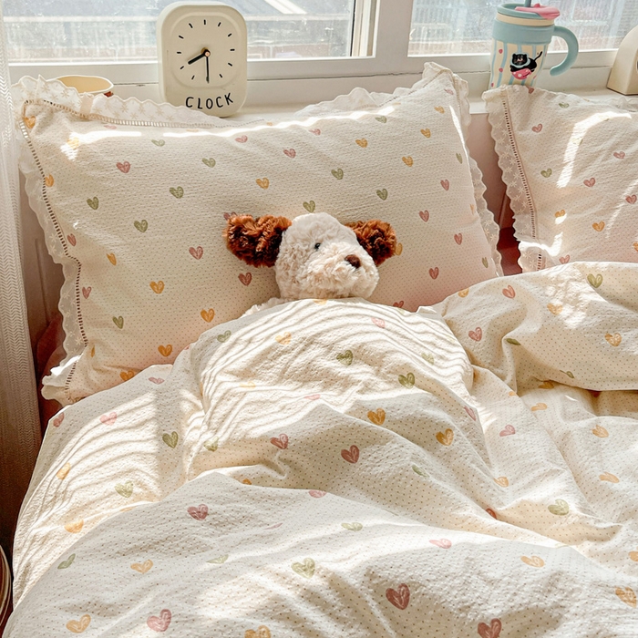 91家纺网 家纺一手货源 找家纺 梦纤绒 2025新款云感木棉皱皱双层纱全棉花边四件套 心动