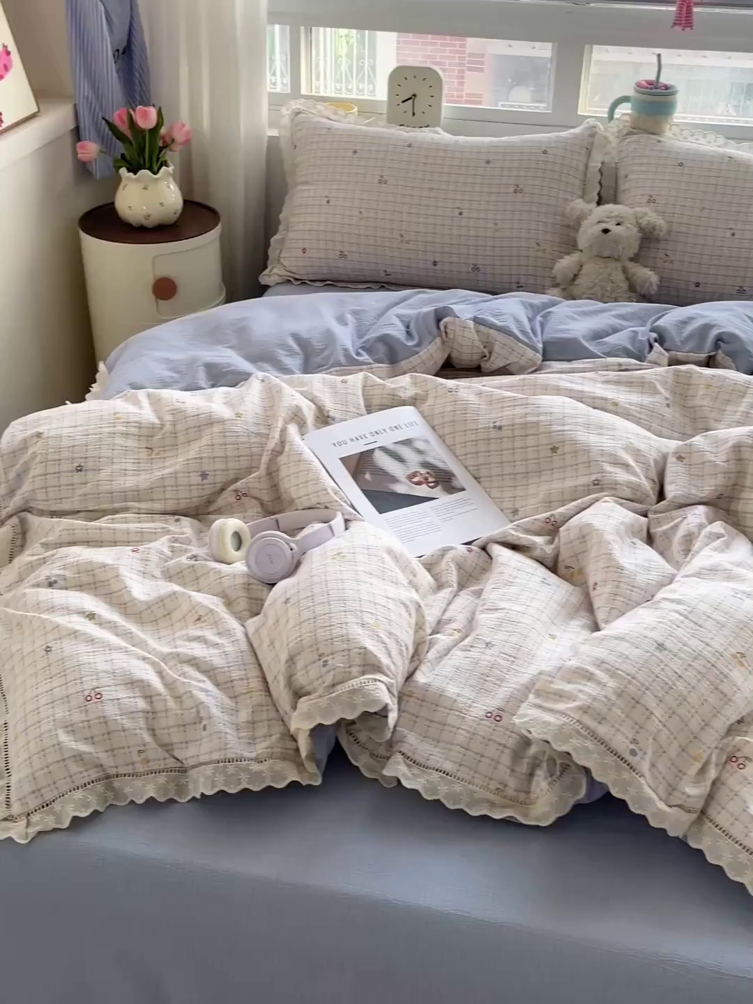 91家纺网 家纺一手货源 找家纺 梦纤绒 2025新款云感木棉皱皱双层纱全棉花边四件套 遇见