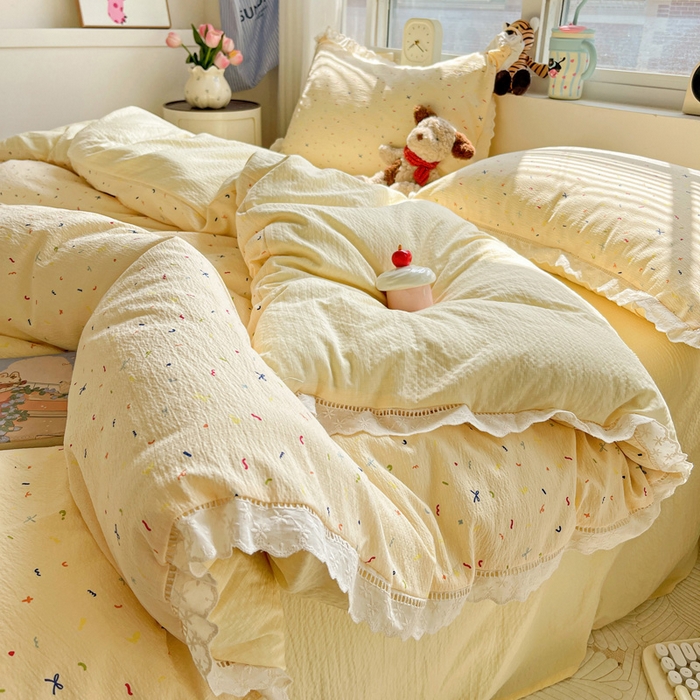 91家纺网 家纺一手货源 找家纺 梦纤绒 2025新款云感木棉皱皱双层纱全棉花边四件套 芝士奶酪