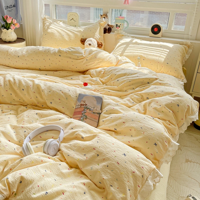 91家纺网 家纺一手货源 找家纺 梦纤绒 2025新款云感木棉皱皱双层纱全棉花边四件套 芝士奶酪