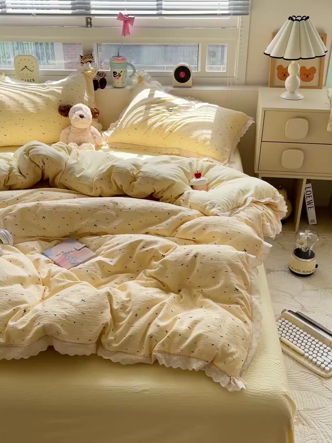 91家纺网 家纺一手货源 找家纺 梦纤绒 2025新款云感木棉皱皱双层纱全棉花边四件套 芝士奶酪