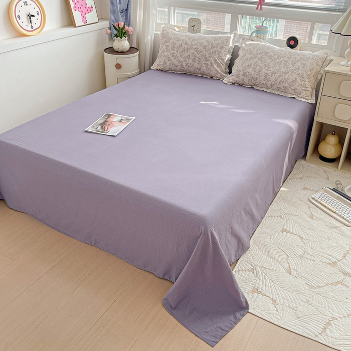 91家纺网 家纺一手货源 找家纺 梦纤绒 2025新款云感木棉皱皱双层纱全棉花边四件套 紫苏