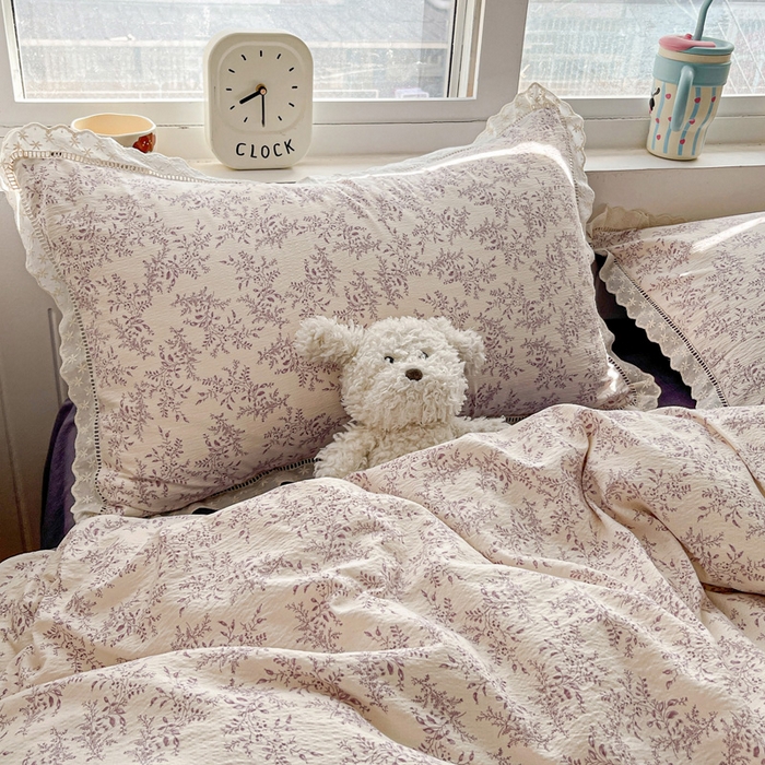 91家纺网 家纺一手货源 找家纺 梦纤绒 2025新款云感木棉皱皱双层纱全棉花边四件套 紫苏