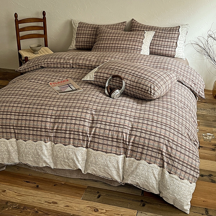 91家纺网 家纺一手货源 找家纺 梦纤绒 2025秋冬新品A类高克重亚麻复古全棉花边侘寂风原麻系列 茶巷