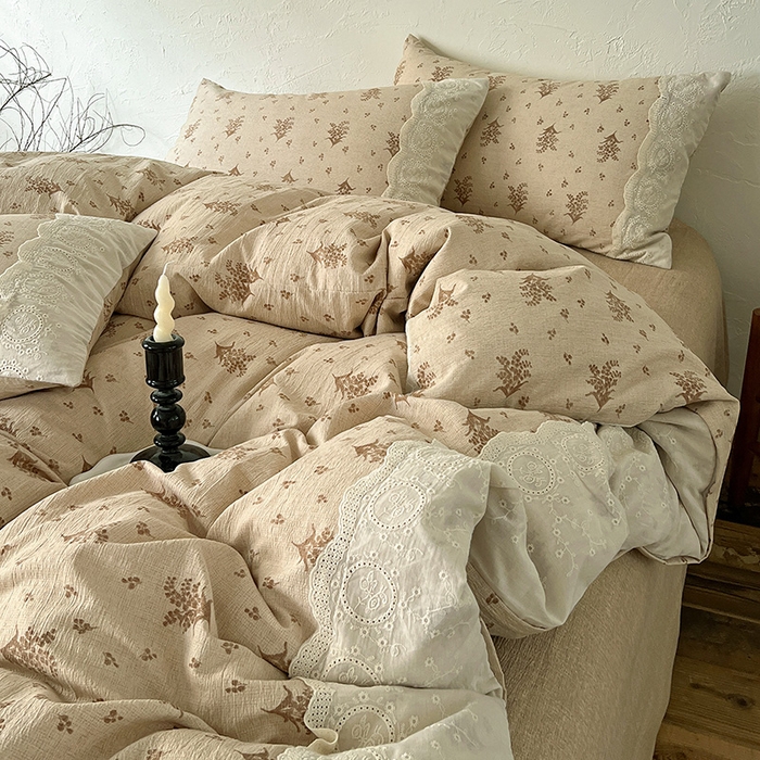 91家纺网 家纺一手货源 找家纺 梦纤绒 2025秋冬新品A类高克重亚麻复古全棉花边侘寂风原麻系列 繁花