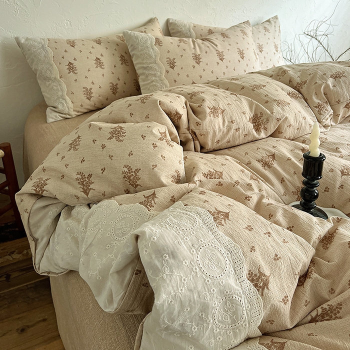 91家纺网 家纺一手货源 找家纺 梦纤绒 2025秋冬新品A类高克重亚麻复古全棉花边侘寂风原麻系列 繁花