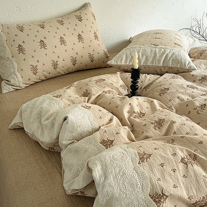 91家纺网 家纺一手货源 找家纺 梦纤绒 2025秋冬新品A类高克重亚麻复古全棉花边侘寂风原麻系列 繁花