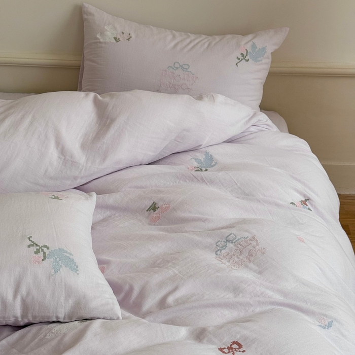 鹿班家居 2025年秋冬款全棉纯棉皱皱纱精密刺绣四件套-晴野小记系列（标准会员-20元） 晴野小记-紫色