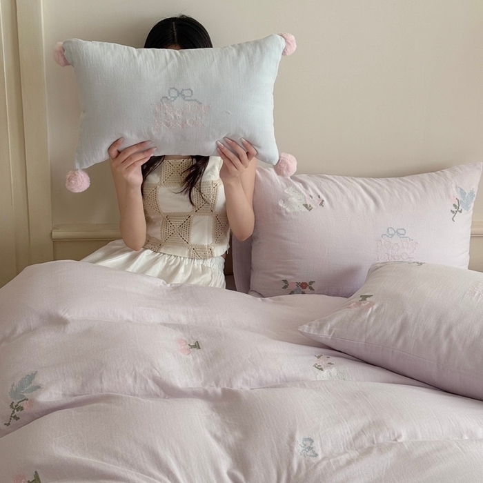 91家纺网 家纺一手货源 找家纺 鹿班家居 2025年秋冬款全棉纯棉皱皱纱精密刺绣四件套-晴野小记系列（标准会员-20元） 晴野小记-紫色