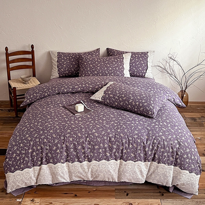 91家纺网 家纺一手货源 找家纺 梦纤绒 2025秋冬新品A类高克重亚麻复古全棉花边侘寂风原麻系列 茉莉-紫