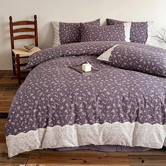 91家纺网 家纺一手货源 找家纺 梦纤绒 2025秋冬新品A类高克重亚麻复古全棉花边侘寂风原麻系列 茉莉-紫