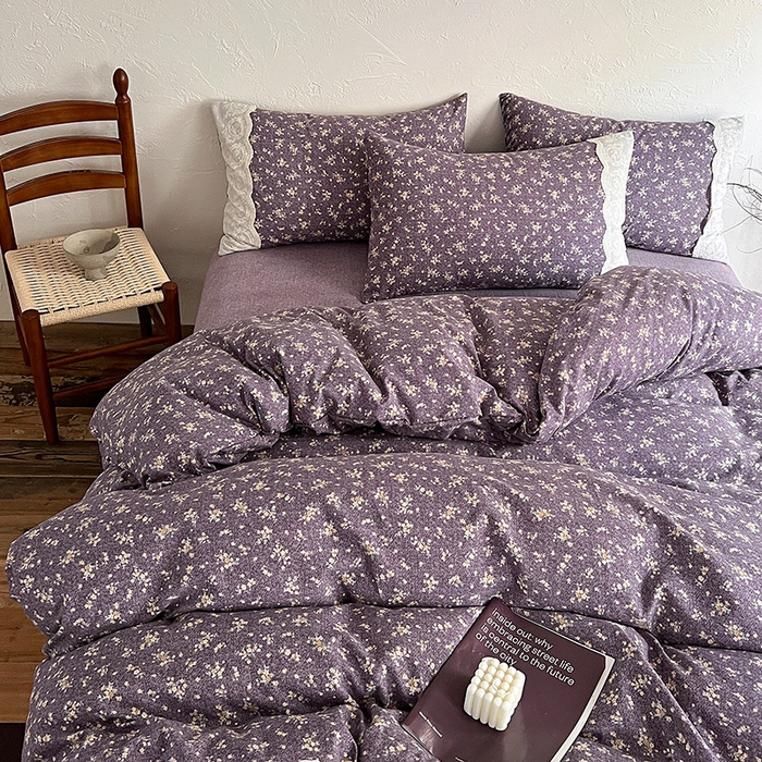 91家纺网 家纺一手货源 找家纺 梦纤绒 2025秋冬新品A类高克重亚麻复古全棉花边侘寂风原麻系列 茉莉-紫