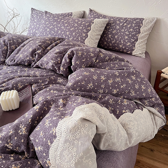 91家纺网 家纺一手货源 找家纺 梦纤绒 2025秋冬新品A类高克重亚麻复古全棉花边侘寂风原麻系列 茉莉-紫