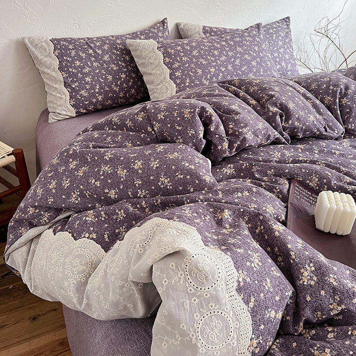 91家纺网 家纺一手货源 找家纺 梦纤绒 2025秋冬新品A类高克重亚麻复古全棉花边侘寂风原麻系列 茉莉-紫