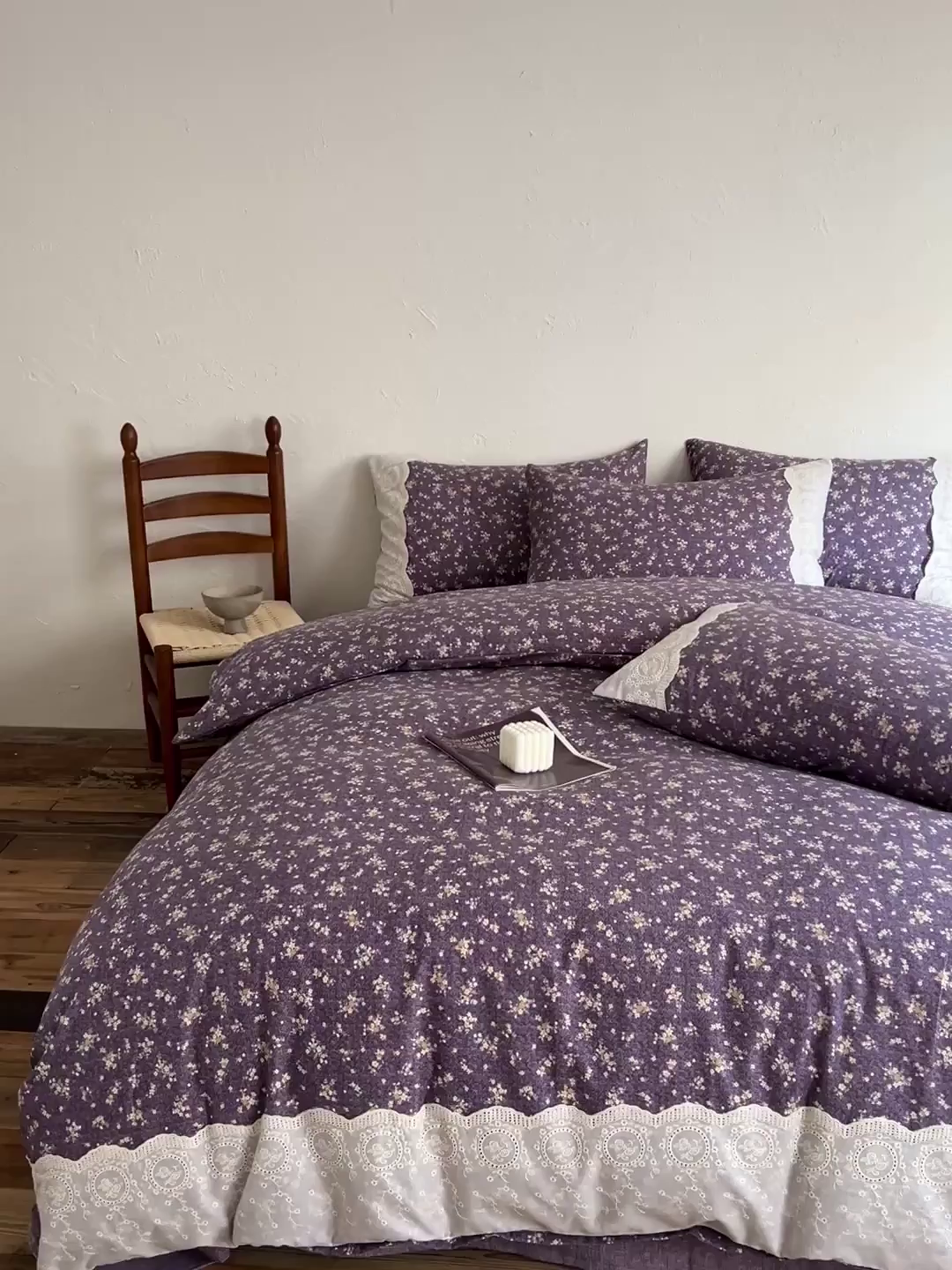 91家纺网 家纺一手货源 找家纺 梦纤绒 2025秋冬新品A类高克重亚麻复古全棉花边侘寂风原麻系列 茉莉-紫