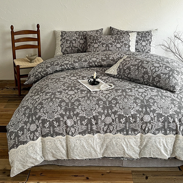 91家纺网 家纺一手货源 找家纺 梦纤绒 2025秋冬新品A类高克重亚麻复古全棉花边侘寂风原麻系列 墨染青筠-灰