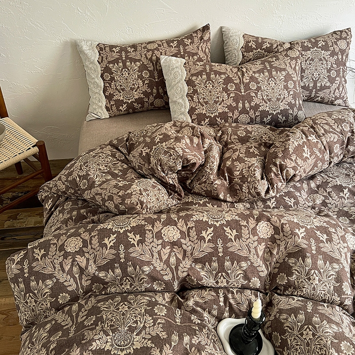 91家纺网 家纺一手货源 找家纺 梦纤绒 2025秋冬新品A类高克重亚麻复古全棉花边侘寂风原麻系列 墨染青筠-咖